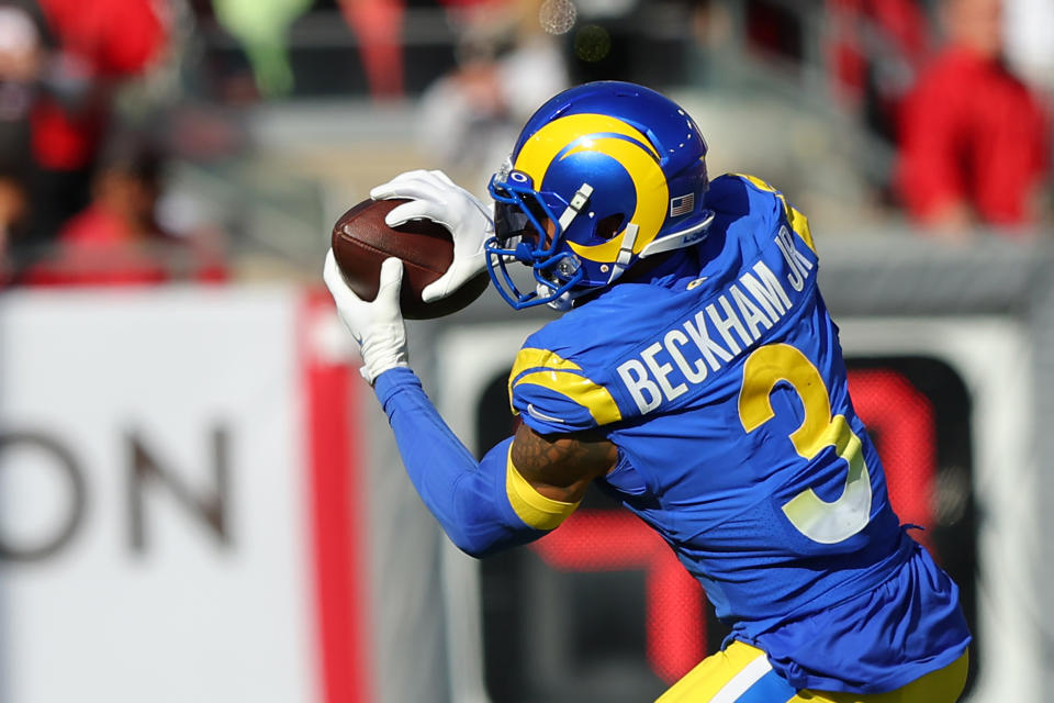 TAMPA, FLORIDA - JANUARY 23: Odell Beckham Jr. #3 of the Los Angeles Rams catches the ball in the first quarter of the game against the Tampa Bay Buccaneers in the NFC Divisional Playoff game at Raymond James Stadium on January 23, 2022 in Tampa, Florida. (Photo by Kevin C. Cox/Getty Images)