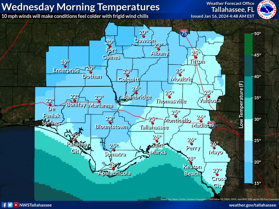 Low temperatures are forecast to plunge into the low 20s Tuesday night and Wednesday morning across North Florida and South Georgia.