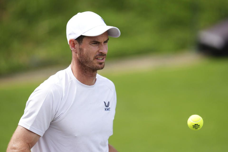 Britain's Andy Murray reacts on the practice court at the All England Lawn Tennis and Croquet Club in Wimbledon, London, Saturday June 29, 2024. The Wimbledon Championships begin on July 1. (John Walton/PA via AP)