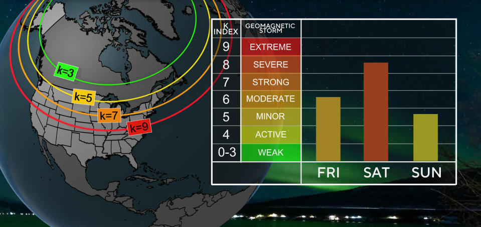 Map shows the aurora borealis (northern lights) forecast for May 10-12, 2024. / Credit: NEXT Weather/CBS Boston