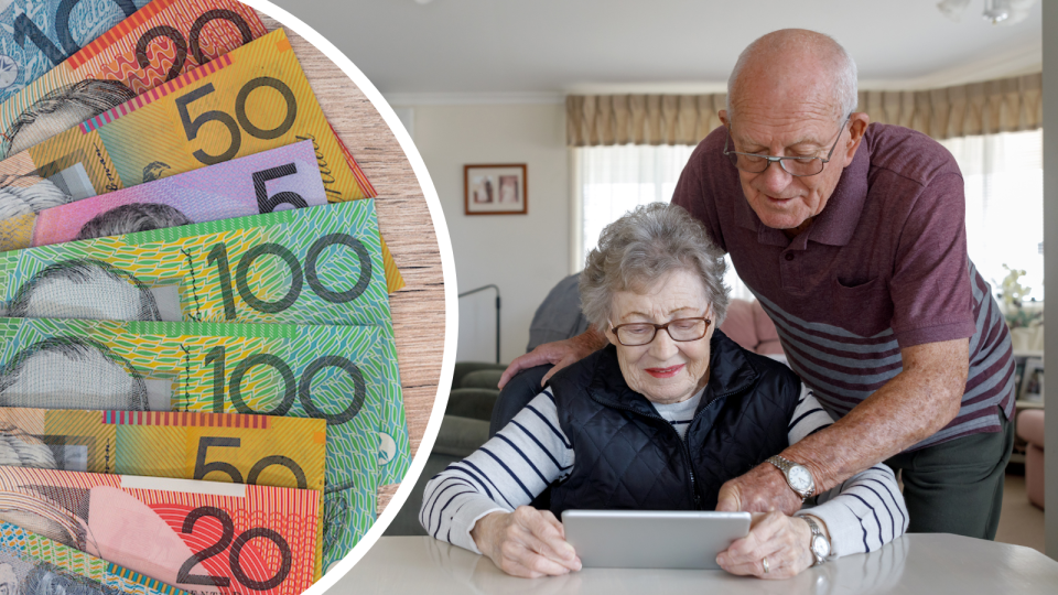 Composite image of an older couple working out superannuation on a tablet, and Australian money.