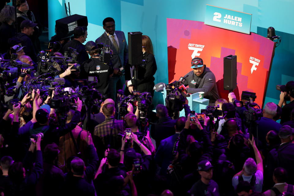 Philadelphia Eagles quarterback Jalen Hurts speaks to the media during Super Bowl LVII Opening Night at Footprint Center on February 06, 2023 in Phoenix, Arizona. (Photo by Christian Petersen/Getty Images)