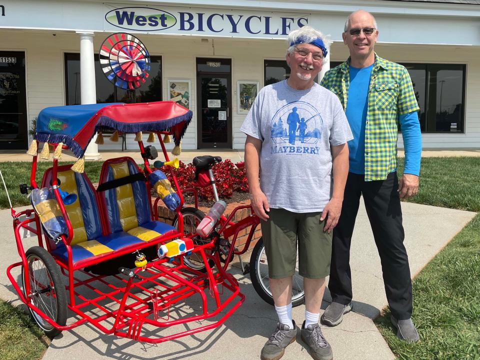Ray Pais, MD, entrusted his colorful Sikod-Sikod (pedicab) to shop owner Fares Schlank at West Bicycles in Farragut.