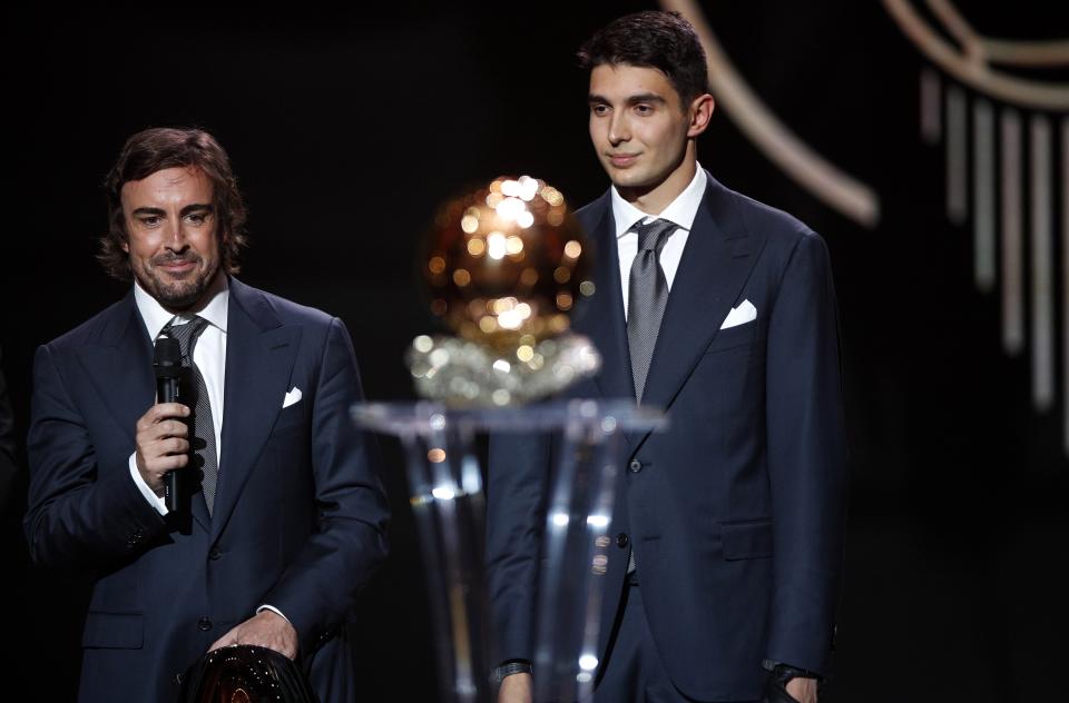 Formula One drivers Fernando Alonso and Esteban Ocon of Alpine F1 Team during the 2021 Ballon d’Or ceremony at Theatre du Chatelet in Paris, France (EPA)