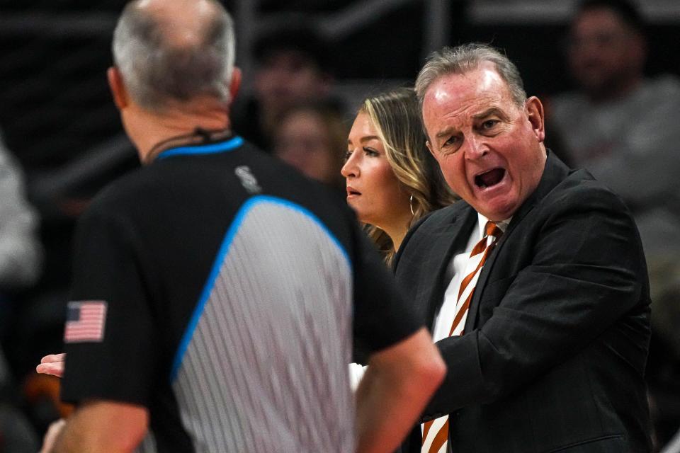 Texas head coach Vic Schaefer argues a call with an official during the Feb. 4 game against Kansas State at Moody Center. The No. 1-seeded Longhorns will open up the NCAA Tournament at home on Friday against 16th-seeded Drexel.