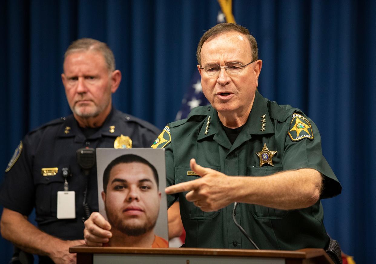 Polk County Sheriff Grady Judd, with Acting Bartow Police Chief Stephen Walker in the background, discusses the arrest of Bartow Officer Markanthony Fernandez last week. Since his arrest, Fernandez has had additional charges added, one of which is a life felony, after the Sheriff's Office said another victim came forward.