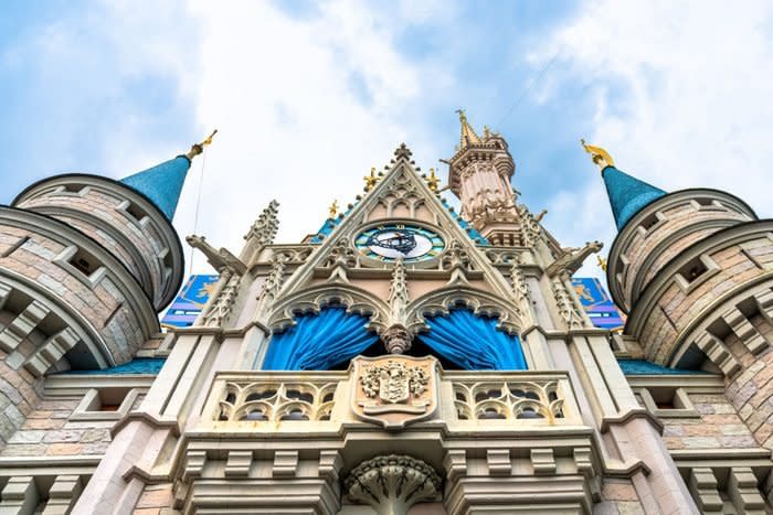 The Cinderella Castle during an overcast day is seen in the...