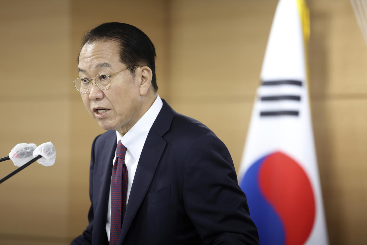 South Korean Unification Minister Kwon Youngse speaks during a news conference at the Government Complex in Seoul, South Korea, Tuesday, April 11, 2023. (Shin Jun-hee/Yonhap via AP)
