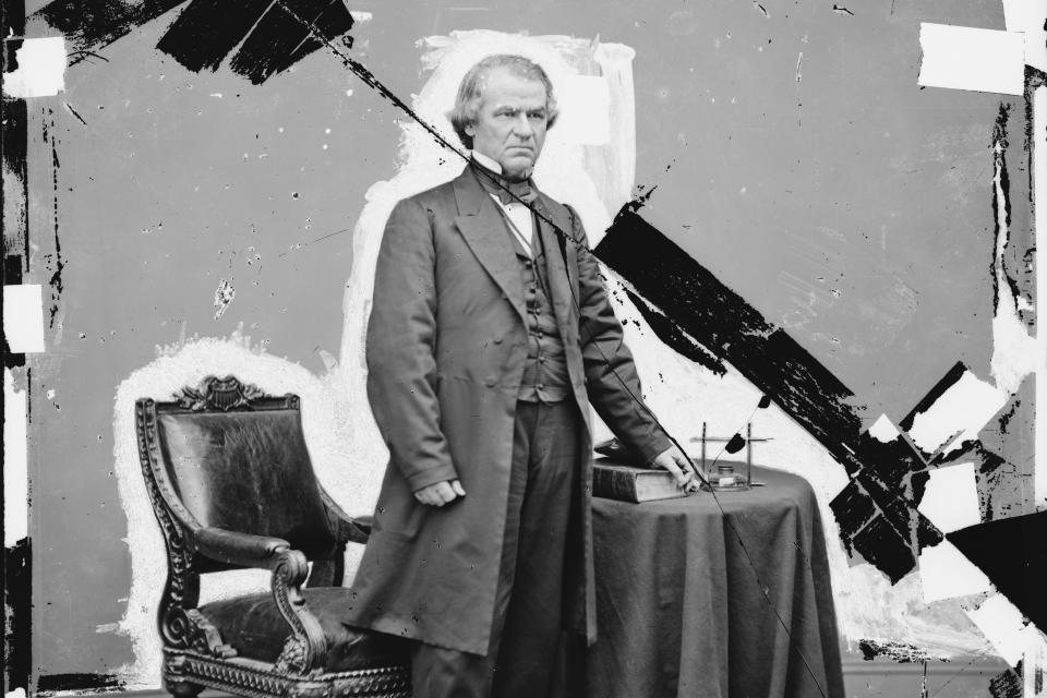 This 1865-1880 photo made available by the Library of Congress shows a damaged glass negative of President Andrew Johnson. Johnson, a Democrat, became vice president under Republican Abraham Lincoln on a unity ticket elected amid the Civil War in 1864. He became president after Lincoln’s assassination in April 1865. (Brady-Handy photograph collection/Library of Congress via AP)