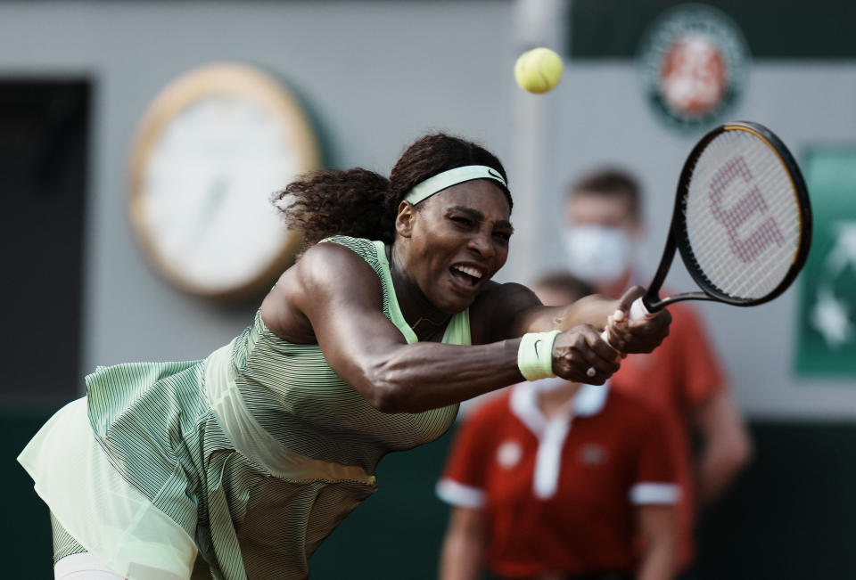 United States Serena Williams plays a return to Kazakhstan's Elena Rybakina during their fourth round match on day 8, of the French Open tennis tournament at Roland Garros in Paris, France, Sunday, June 6, 2021. (AP Photo/Thibault Camus)