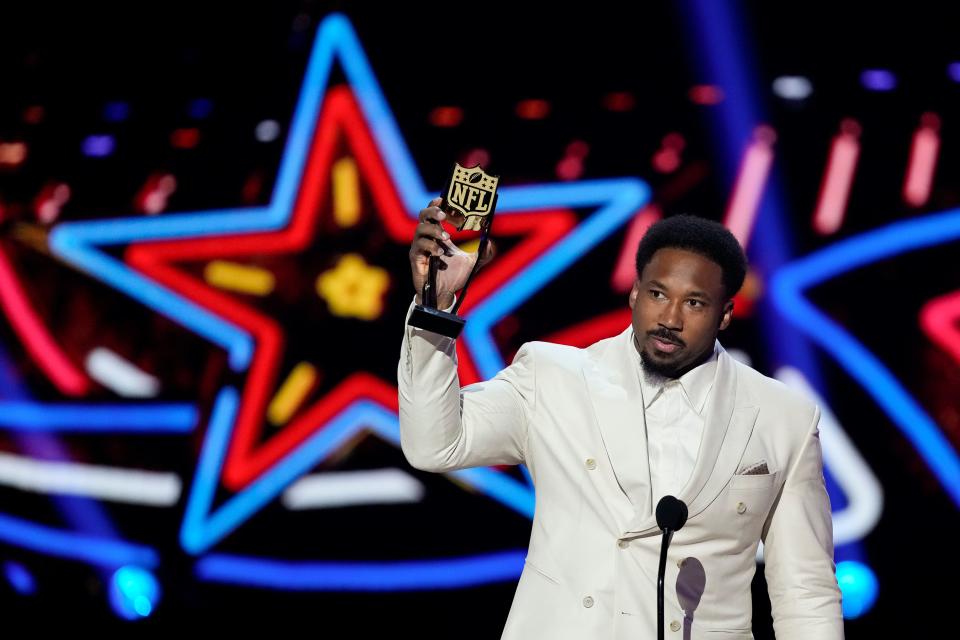 Cleveland Browns' Myles Garrett, AP defensive player of the year speaks during the NFL Honors award show, Thursday, Feb. 8, 2024, in Las Vegas.