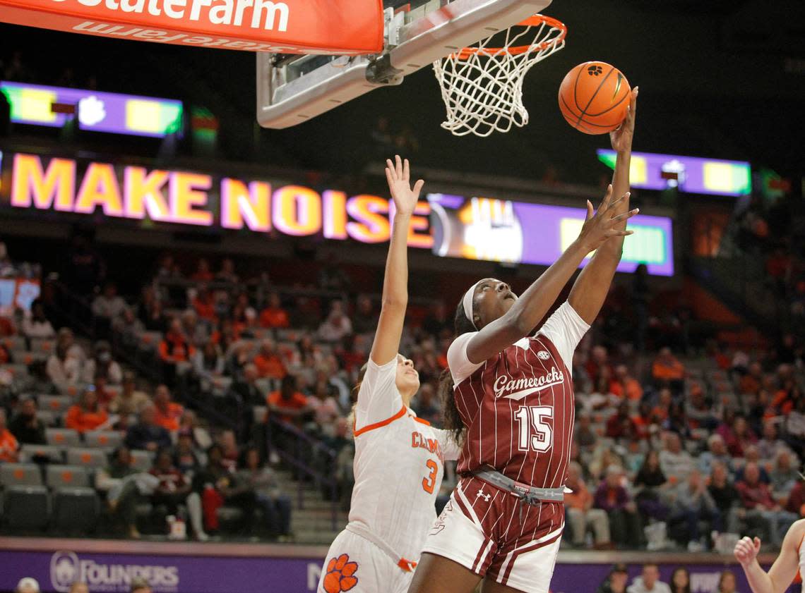 South Carolina forward Laeticia Amihere (15) shoots over Clemson forward MaKayla Elmore during first-half action in Clemson, S.C. on Thursday, Nov. 17, 2022. (Travis Bell/SIDELINE CAROLINA)