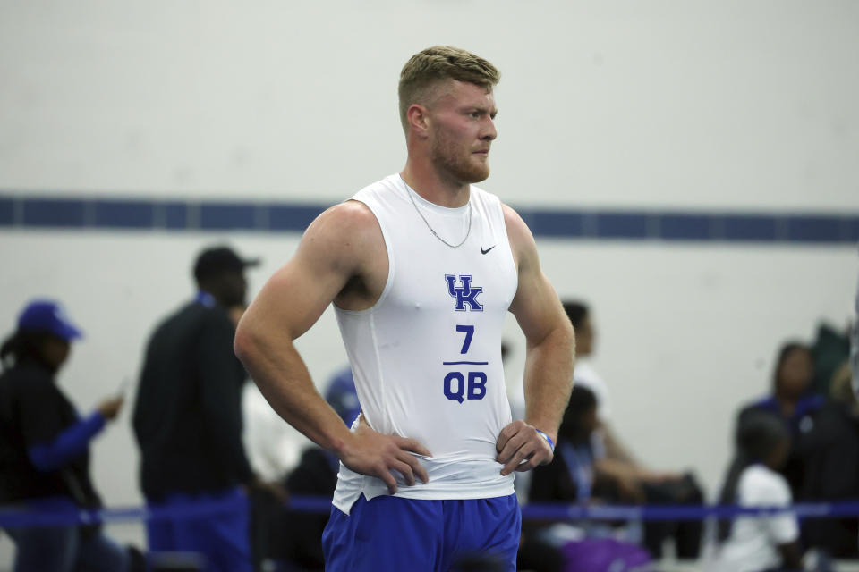 FILE - Kentucky's Will Levis catches his breath during the NCAA college football team's NFL Pro Day in Lexington, Ky., March 24, 2023. (AP Photo/James Crisp, File)