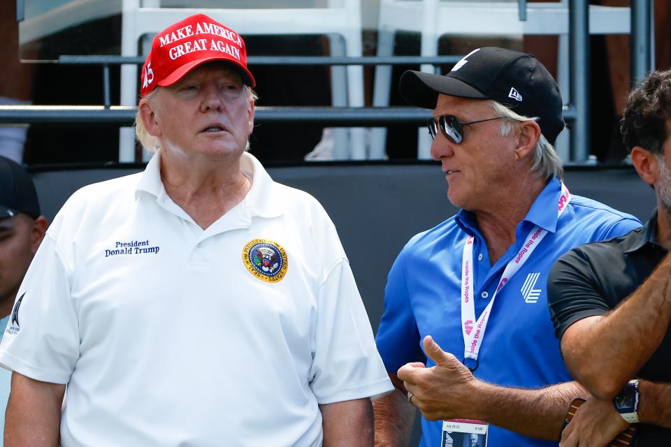 Pictured right, LIV CEO Greg Norman speaks with former US President Donald Trump at the LIV golf invitational series event in New Jersey. 