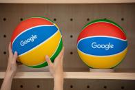 <p>Google Store Chelsea. A pair of Google-branded basketballs on a store shelf.</p> 