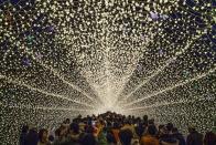 A crowd converges under thousands of tiny lights. <a href="http://www.mymodernmet.com/profiles/blogs/nabana-no-sato-tunnel-japan" rel="nofollow noopener" target="_blank" data-ylk="slk:(André Sato / My Modern Met);elm:context_link;itc:0;sec:content-canvas" class="link ">(André Sato / My Modern Met)</a>