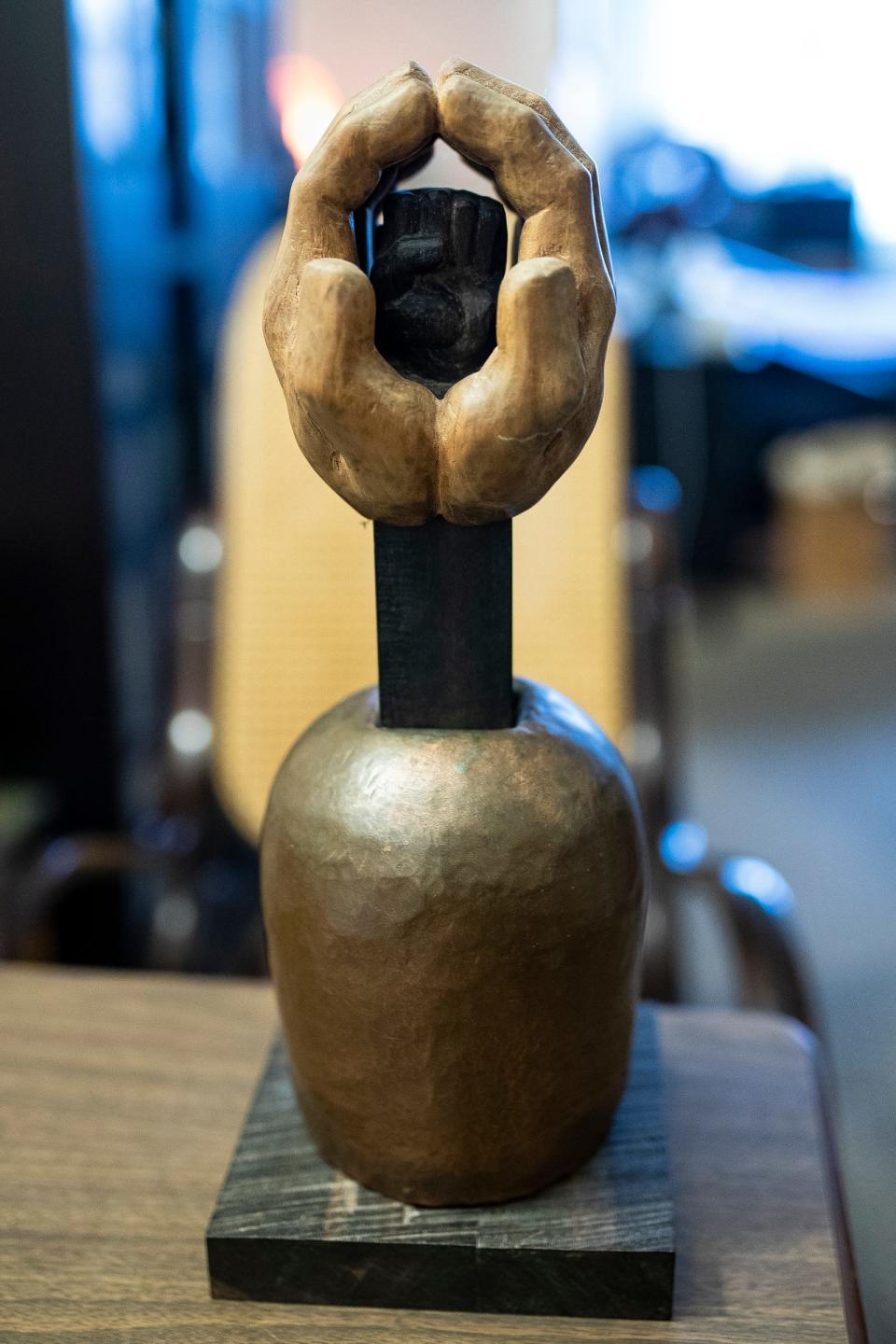 Stephen Handschu's sculpture "Hands-on Fetish," which is inspired by a walking cane he made in the late 1970s at his apartment in Detroit on Wednesday, Nov. 8, 2023