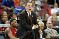 Head coach Ray Harper of the Western Kentucky Hilltoppers reacts as he coaches against the Kentucky Wildcats during the second round of the 2012 NCAA Men's Basketball Tournament at KFC YUM! Center on March 15, 2012 in Louisville, Kentucky. (Photo by Andy Lyons/Getty Images)