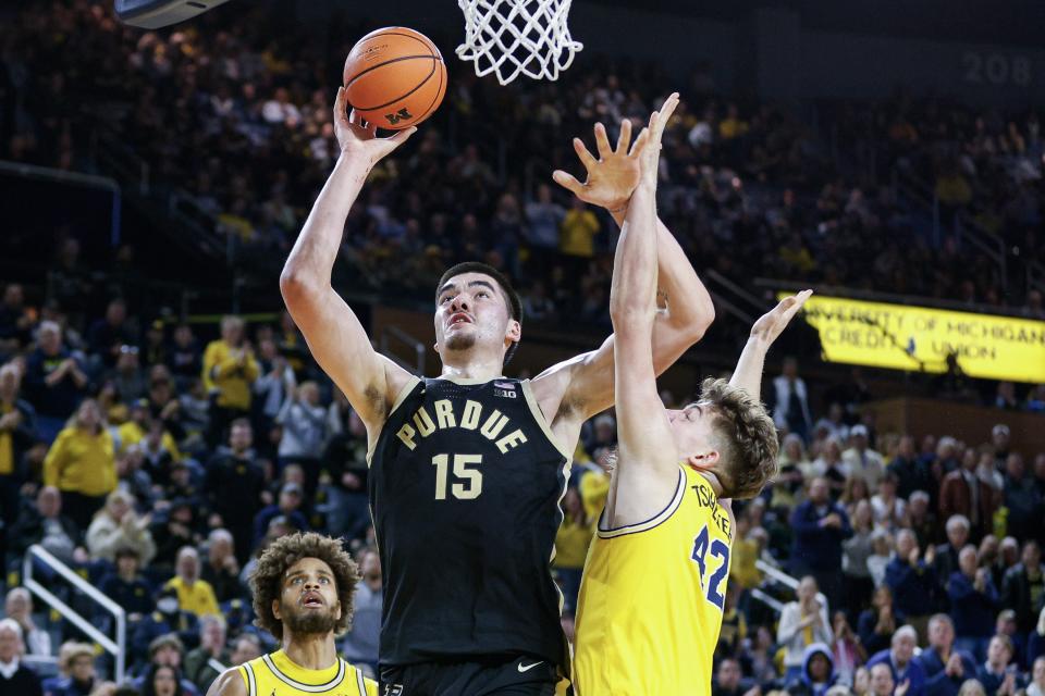 Edey had 35 points and 15 rebounds in Purdue's win over Michigan on Sunday. (Mike Mulholland/Getty Images)