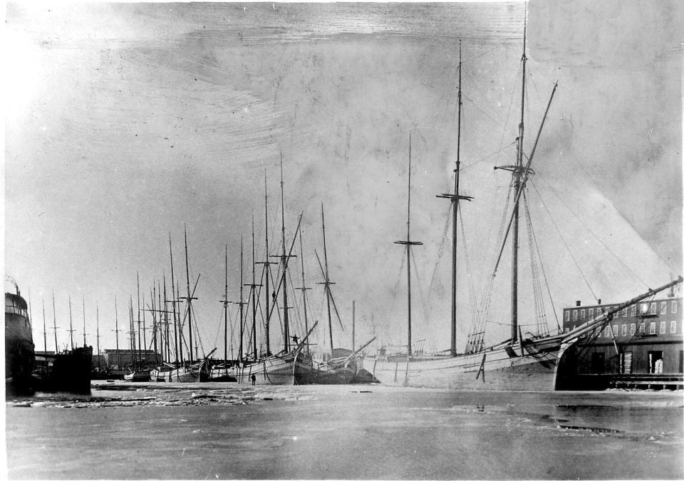 Schooners in the Sheboygan Harbor include the Lottie Cooper, the first ship on the left, in this 1889 photo.  The Lottie Cooper was built when three-masted cargo ships were a common sight on Lake Michigan.