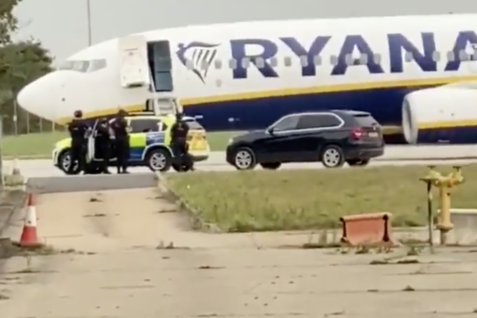 The Ryanair jet is being held in an isolation point on the tarmac at Stansted (@J_shaw01/Twitter)