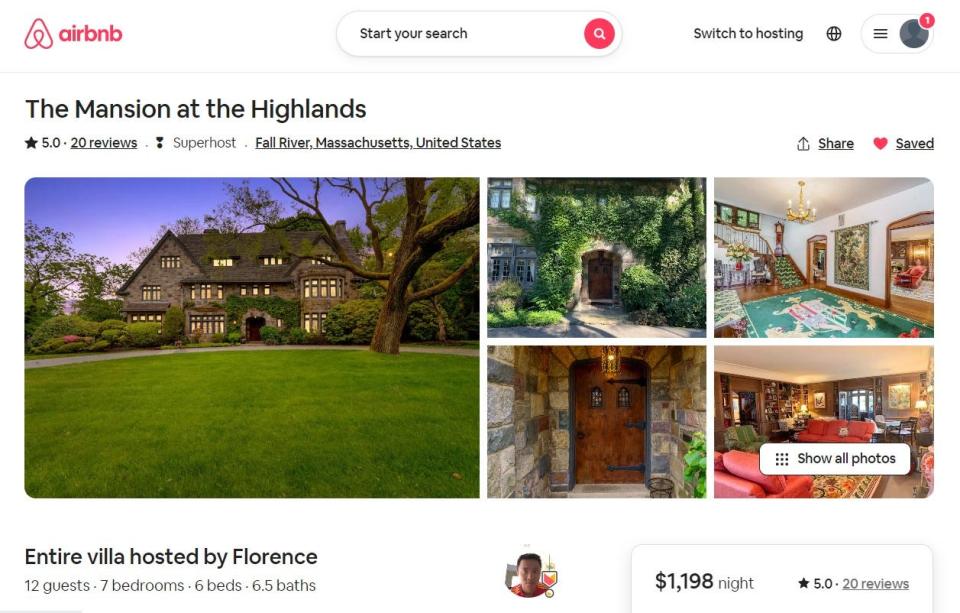 A screenshot of the Airbnb page for 503 Highland Ave. in Fall River, being marketed as "The Mansion at the Highlands."