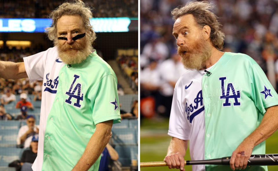 Two photos of Bryan Cranston during a charity softball match, wearing a white and green softball shirt