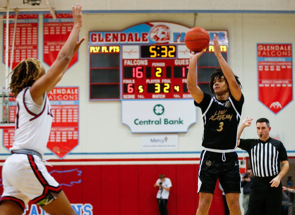 Elliot Cadeau of Link Academy, shoots a field goal during a game against the Legacy (Texas) Broncos in the Ozark Mountain Shootout at Glendale High School on Thursday, Dec. 8, 2022.