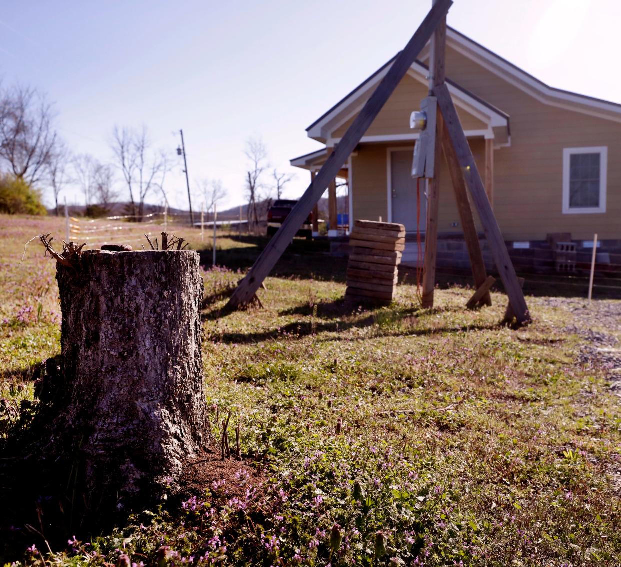 The stump of the hackberry tree where James and Sonia PittsÕ RV came to a rest after being destroyed in a tornado in Readyville, Tenn. almost a year ago. The home that they were building at the time can be seen in the background on Thursday, March 28, 2024, in Readyville, Tenn.