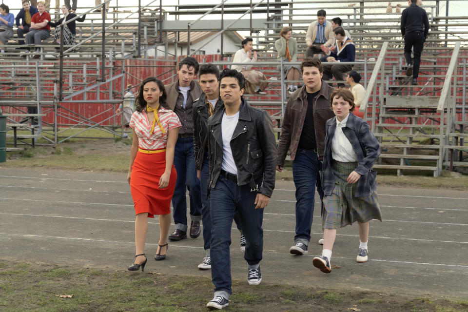 Cheyenne Wells as Olivia Valdovinos, Johnathan Nieves as Richie Valdovinos, Ari Notartomaso as Cynthia Zdunowski, Nicholas McDonough as Gil, Maximo Salas as Shy Guy and Alexis Sides as Potato on Grease: Rise of the Pink Ladies, streaming on Paramount +. (Eduardo Araquel/Paramount+)