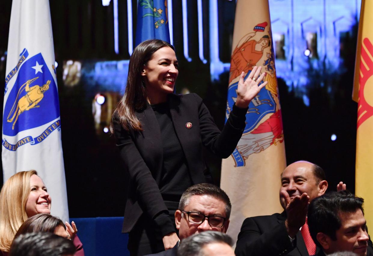 New York Rep. Alexandria Ocasio-Cortez attends a swearing-in ceremony and welcome reception for new Hispanic members of the U.S. Congress in Washington, D.C., on January 9, 2019.