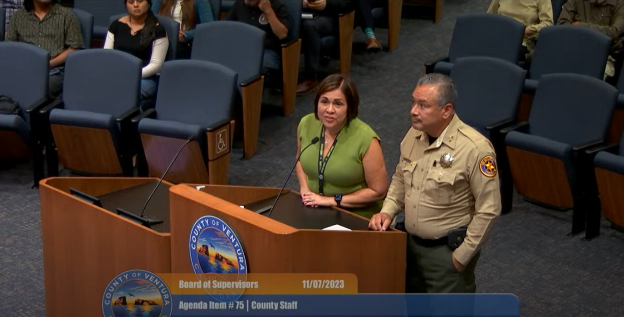 Assistant Sheriff Jose Rivera, from right, and the sheriff’s Legal Unit Supervisor Tracy Martinez-Aguilar speak at community forum on Nov. 7.