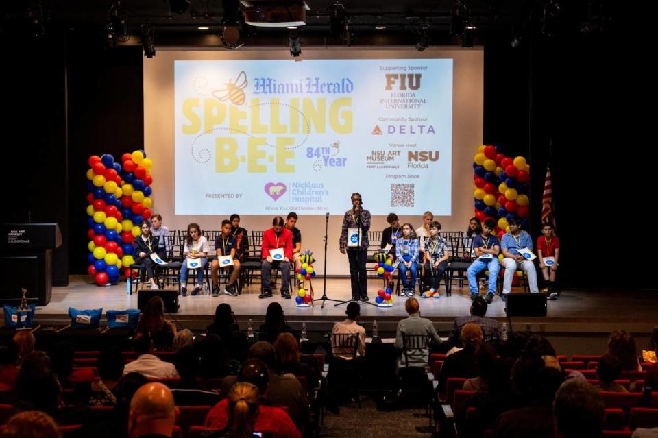 Seventh grader Dahana Destinoble from Sunrise Middle School spells during the 3rd round of the Miami Herald Broward County Spelling Bee at NSU Art Museum in Fort Lauderdale, Florida on Thursday, March 7, 2024. D.A. Varela/dvarela@miamiherald.com