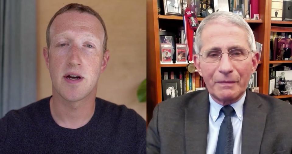 Facebook CEO Mark Zuckerberg and Dr. Anthony Fauci, the director of the National Institute of Allergy and Infectious Diseases, during a Nov. 30 online chat on Facebook.