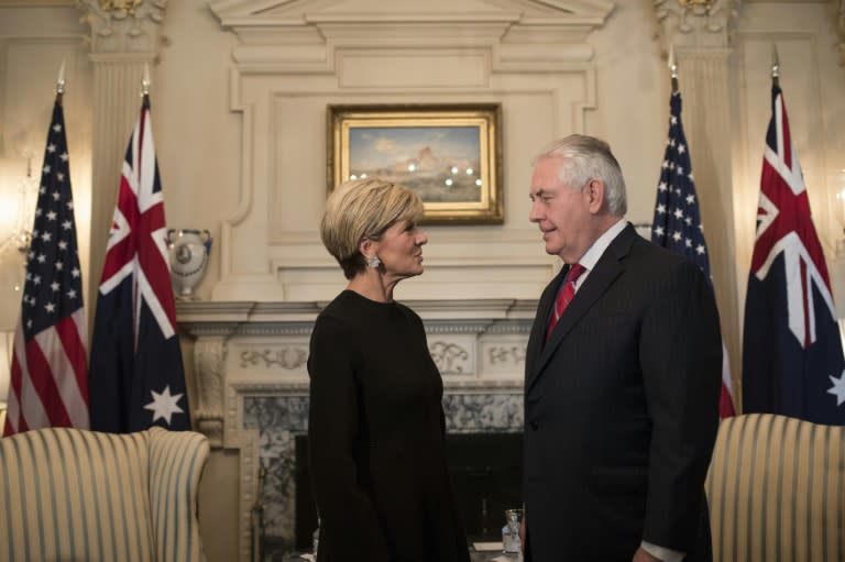 Secretary of State Rex Tillerson greets Australian Foreign Minister Julie Bishop at the State Department February 22, 2017 in Washington, DC