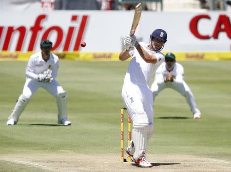 England's Alistair Cook plays a shot during the second cricket test match against South Africa in Cape Town, South Africa, January 2, 2016. REUTERS/Mike Hutchings