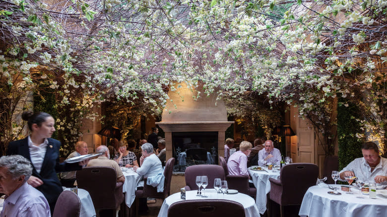 blossom decorated fine dining restaurant