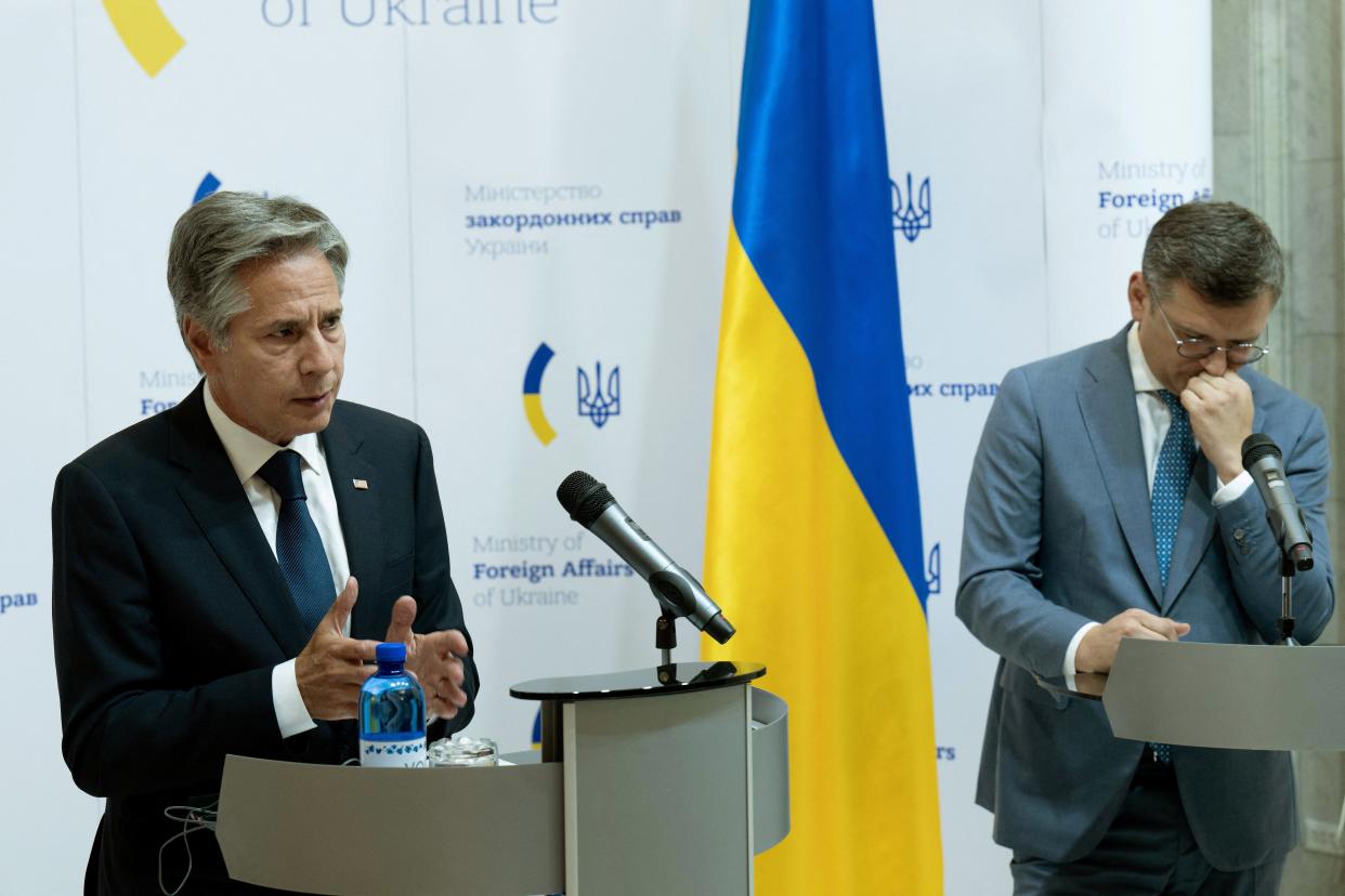 Ukraine's Foreign Minister Dmytro Kuleba and US Secretary of State Antony Blinken attend a joint press conference (via REUTERS)