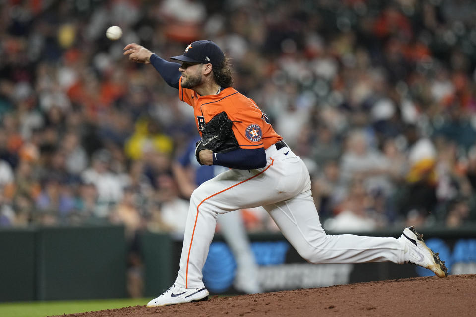 Houston Astros starting pitcher Lance McCullers Jr. throws against the Seattle Mariners during the fourth inning of a baseball game Friday, Aug. 20, 2021, in Houston. (AP Photo/David J. Phillip)