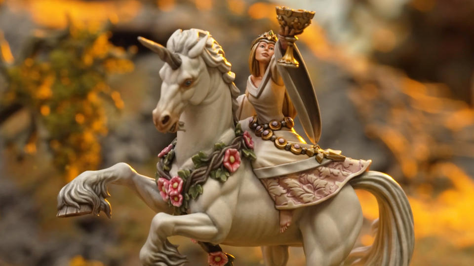 The Lady of the Lake's Handmaid sits astride a unicorn in Warhammer: The Old World