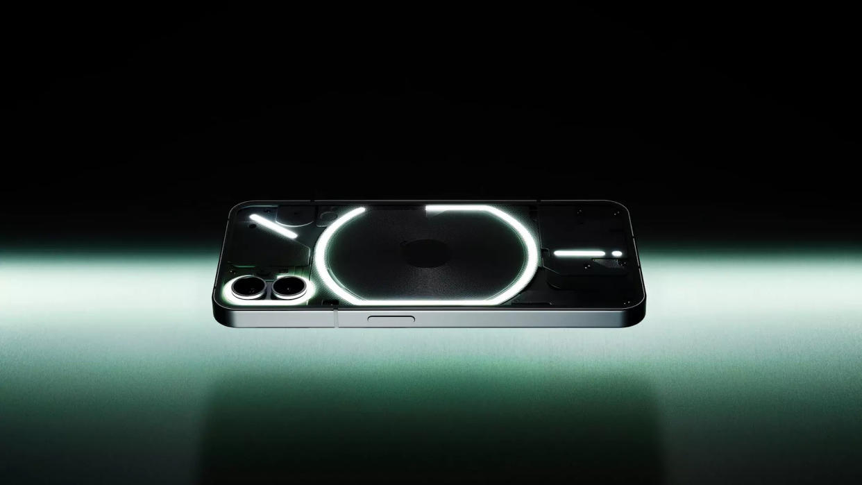  The Nothing Phone 1 on its side, with its LED lighting on.  