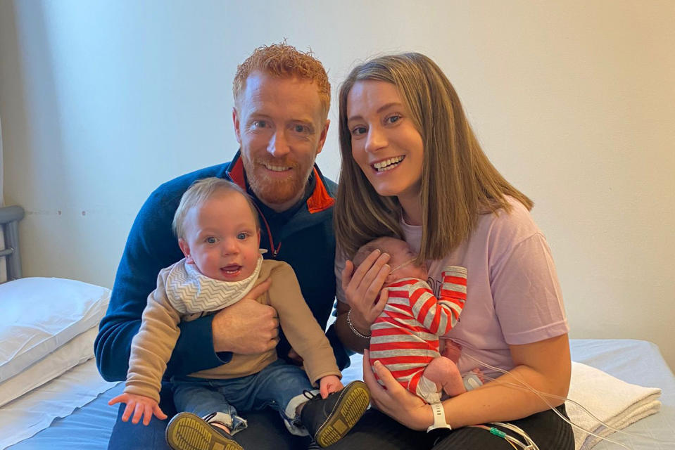 Patterson gave birth to two premature babies in one year, pictured with her partner and sons. (Karen Patterson /SWNS)