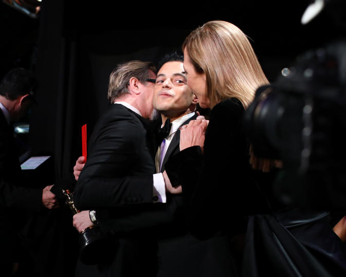 For editorial use only, no marketing or advertising is permitted without the prior consent of A.M.P.A.S.Mandatory Credit: Photo by Matt Sayles/A.M.P.A.S./REX/Shutterstock (10118612ao) Gary Oldman, Rami Malek and Allison Janney 91st Annual Academy Awards, Backstage, Los Angeles, USA - 24 Feb 2019