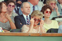 <p>On 4 July 1993, Princess Diana demonstrated her sartorial prowess at the Men’s Final in a silky polka dot blouse. <em>[Photo: Getty]</em> </p>