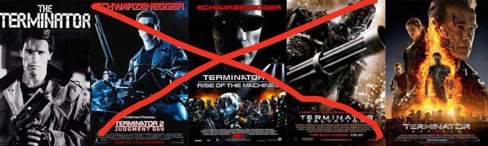 posters for the first 5 terminator films with 2-4 crossed out