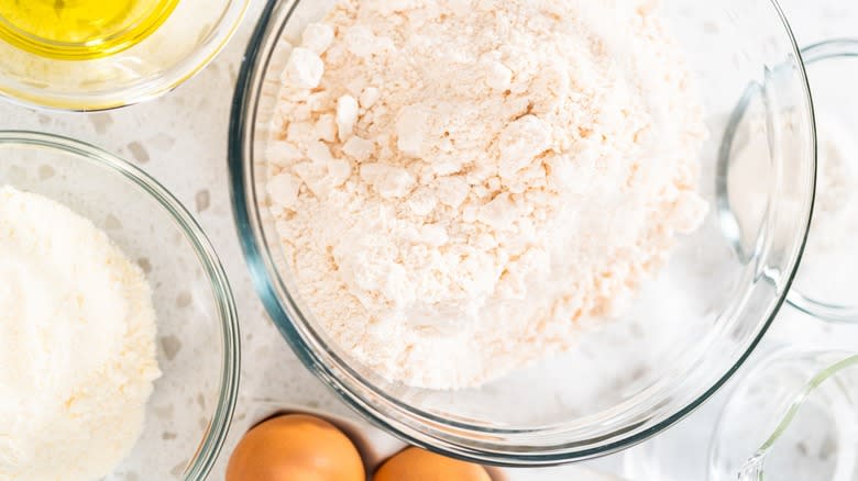 mixing cake mix in bowls