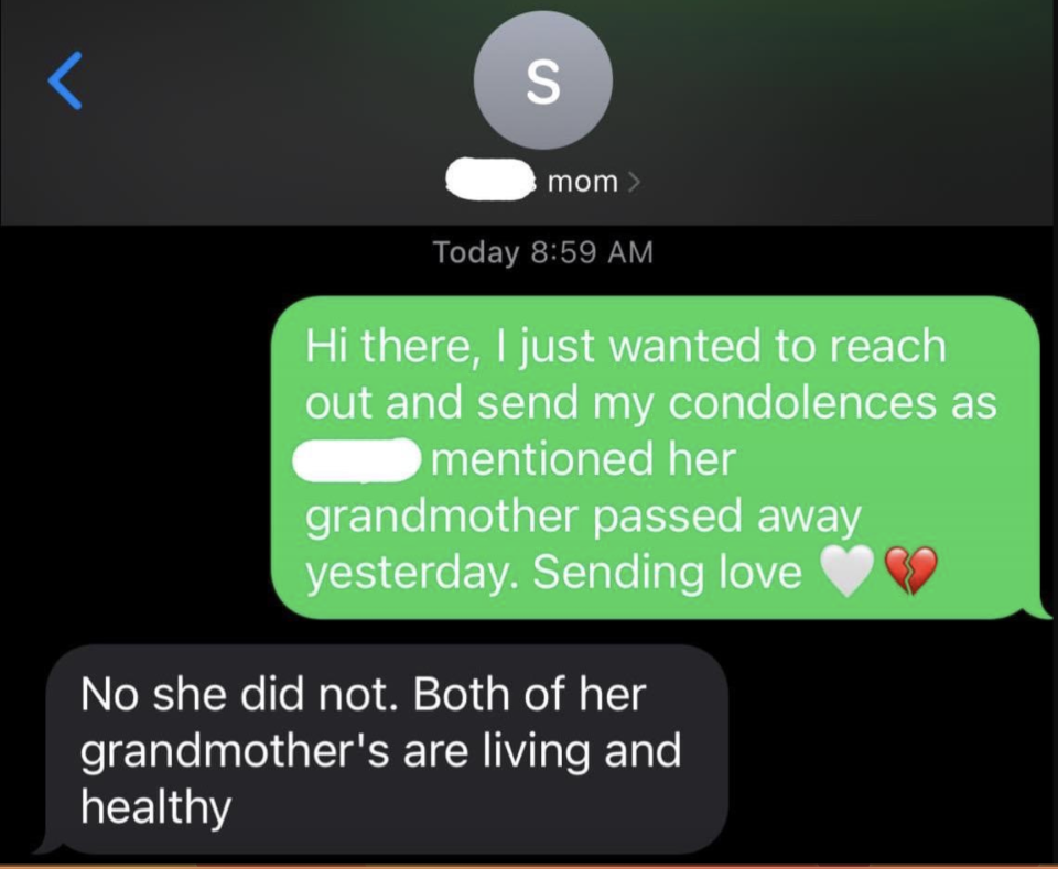 mom's message says, no both of her grandmothers are living and healthy