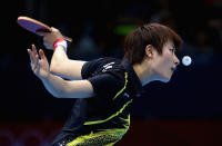 LONDON, ENGLAND - JULY 31: Ning Ding of China plays a forehand during the Women's Singles Table Tennis quarter-final match against Ai Fukuhara of Japan on on Day 4 of the London 2012 Olympic Games at ExCeL on July 31, 2012 in London, England. (Photo by Feng Li/Getty Images)