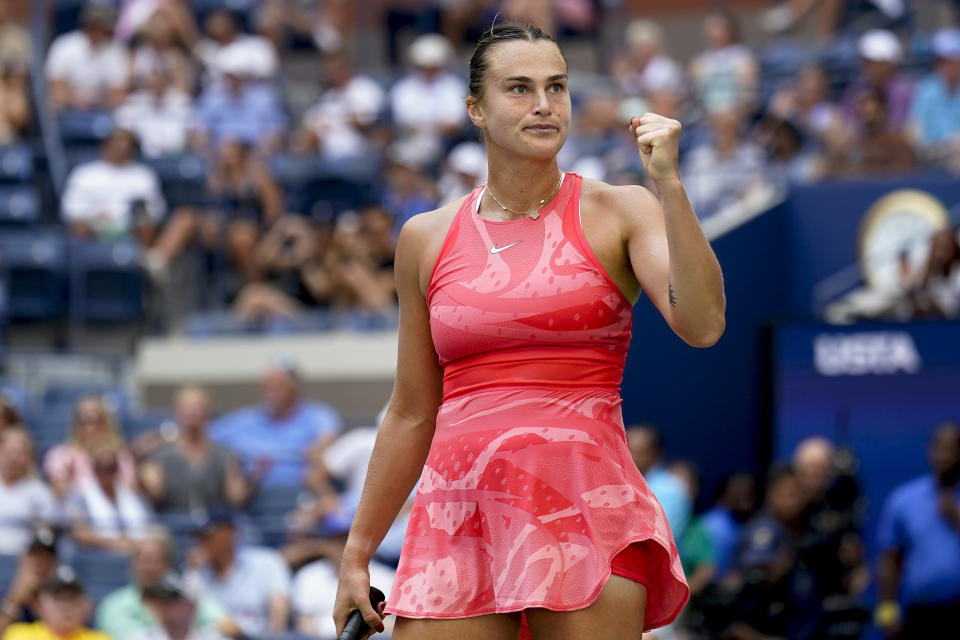 Aryna Sabalenka, of Belarus, reacts after defeating Zheng Qinwen, of China, during the quarterfinals of the U.S. Open tennis championships, Wednesday, Sept. 6, 2023, in New York. (AP Photo/Seth Wenig)