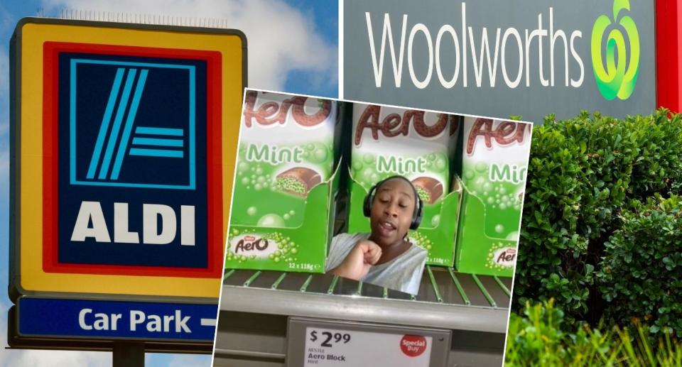 Aldi on the left , Inset is a TikToker's post on Aldi's Aero chocolate price. The right image shows an Woolworths logo. Source: Getty/TikTok